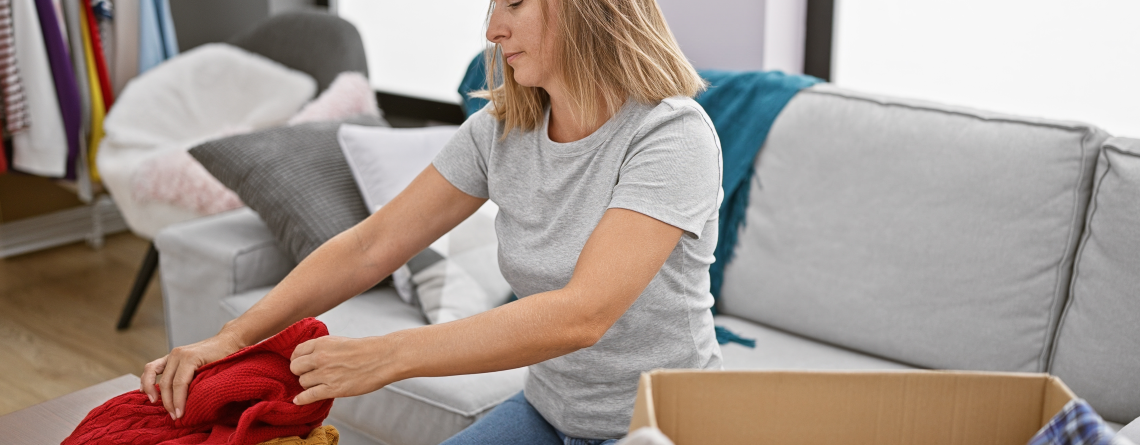A blonde woman sitting on a couch, decluttering her apartment by putting clothes into storage