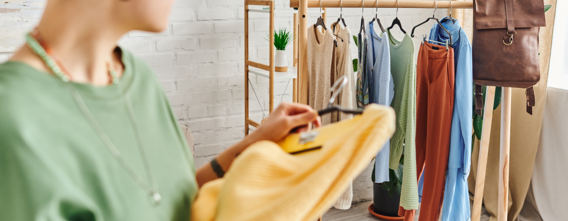 woman looking at clothes rack, holding a jumper she needs to hang up